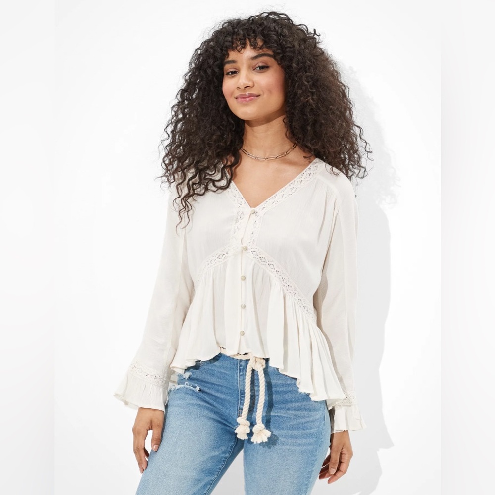 American Eagle Outfitters Cream Lace-Trim Peasant Blouse